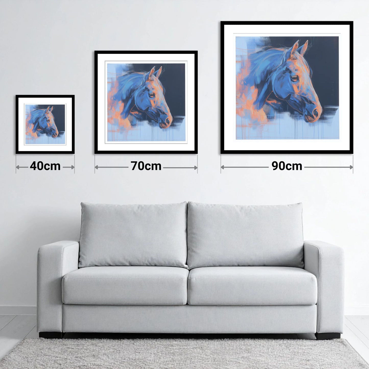 Expressive Cobalt Profile - size guide showing 40cm, 70cm and 90cm art prints