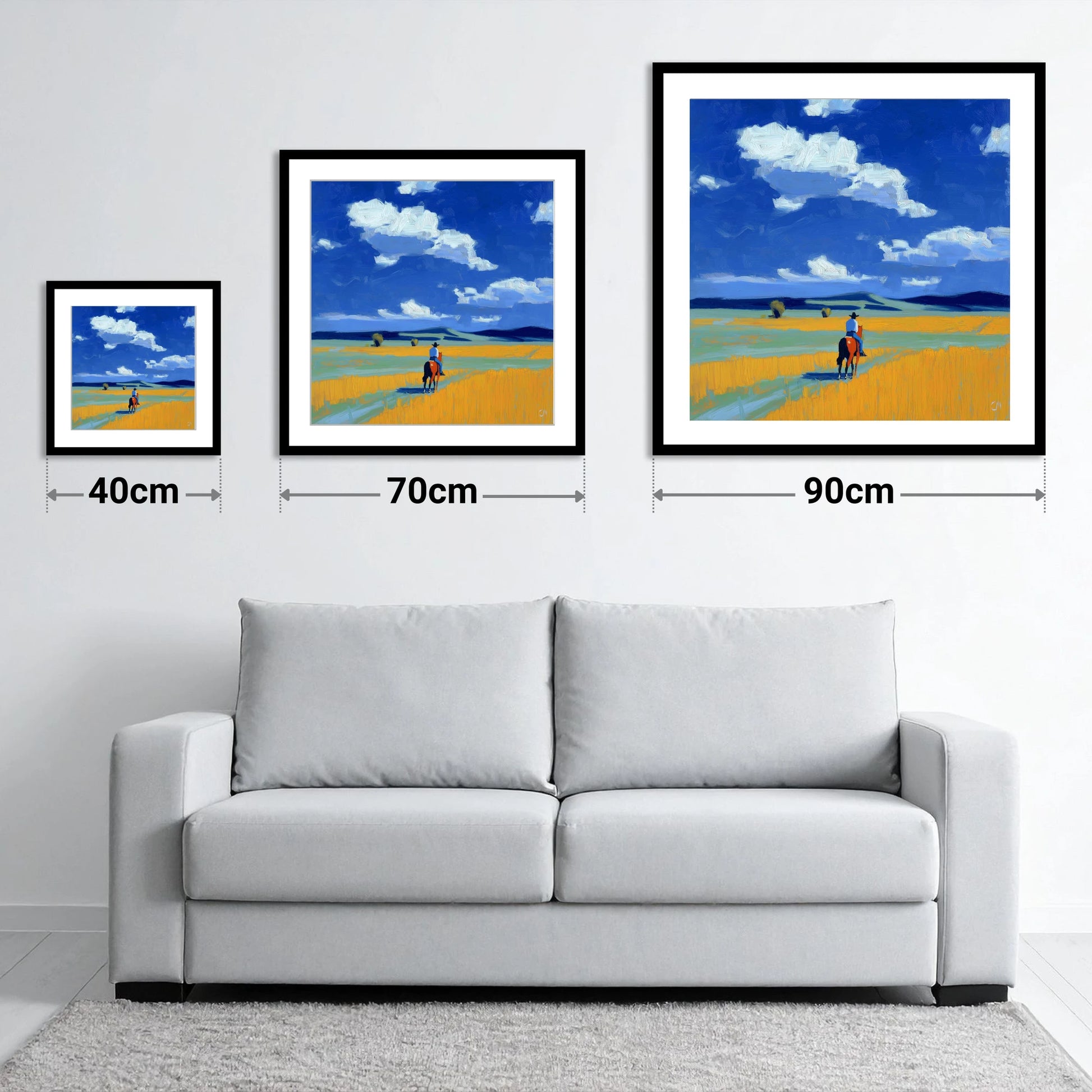 Riding the Big Sky - size guide showing 40cm, 70cm and 90cm art prints