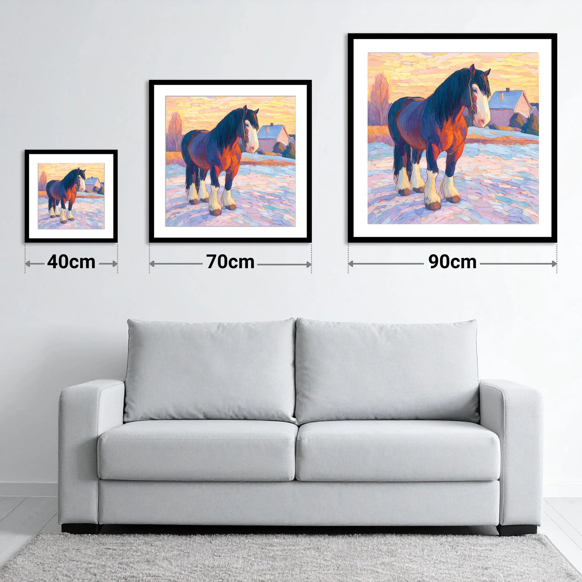 Majestic Winter Shire - size guide showing 40cm, 70cm and 90cm art prints