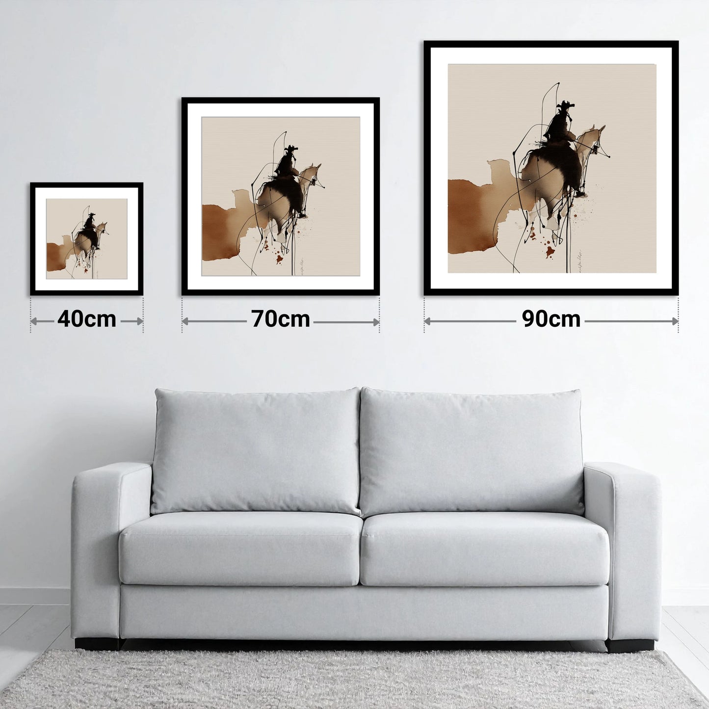 Rhythm of the West - size guide showing 40cm, 70cm and 90cm art prints