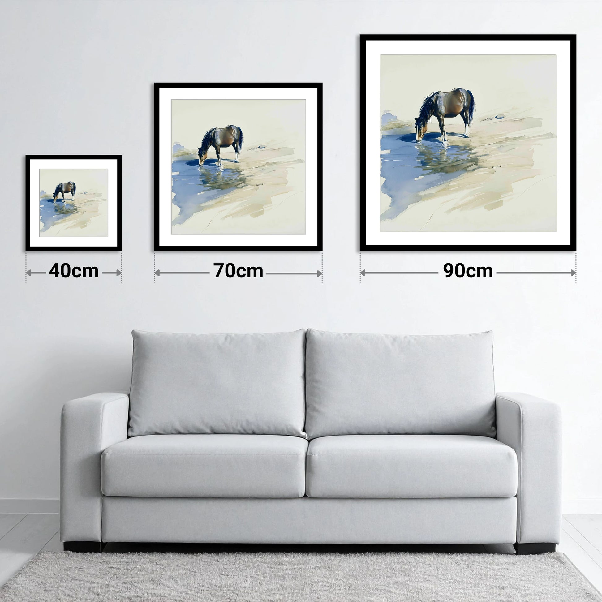 Quiet Reflection - size guide showing 40cm, 70cm and 90cm art prints