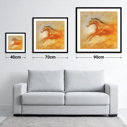 The Golden Gallop - size guide showing 40cm, 70cm and 90cm art prints