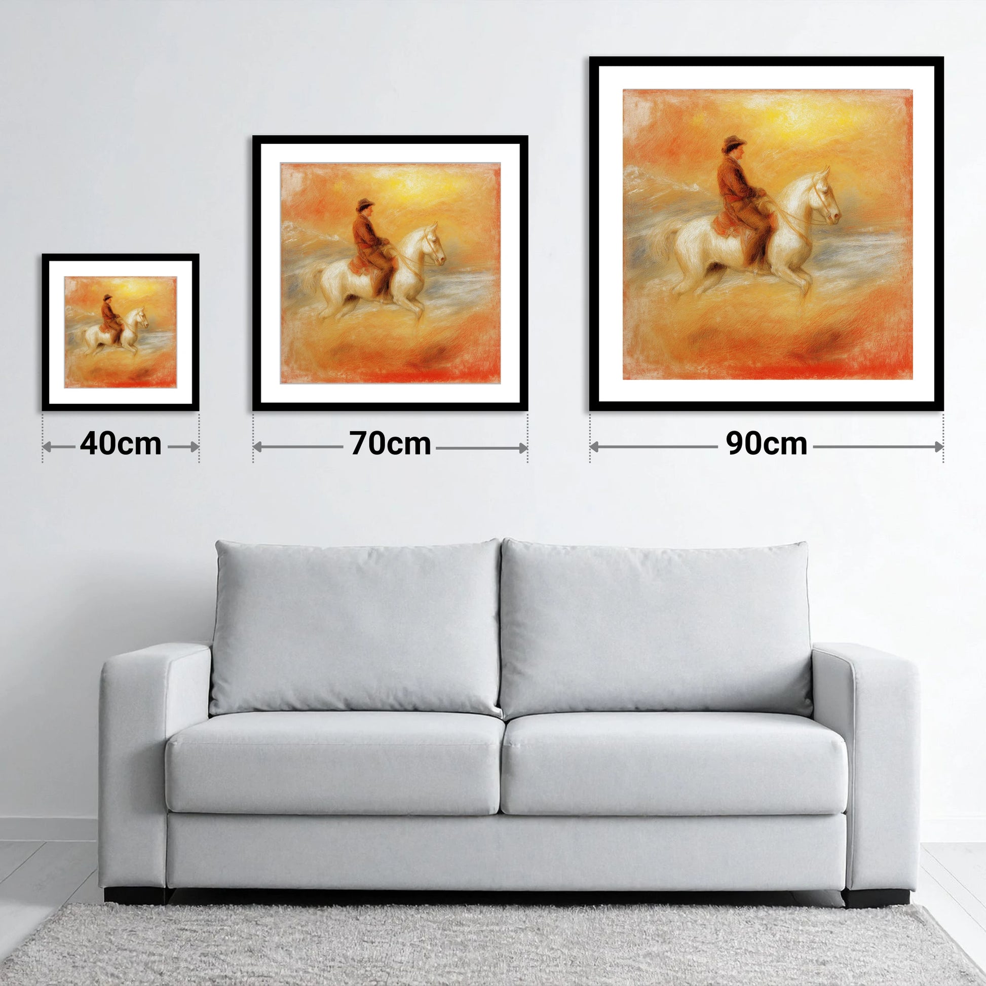 Sundown on the Plains - size guide showing 40cm, 70cm and 90cm art prints