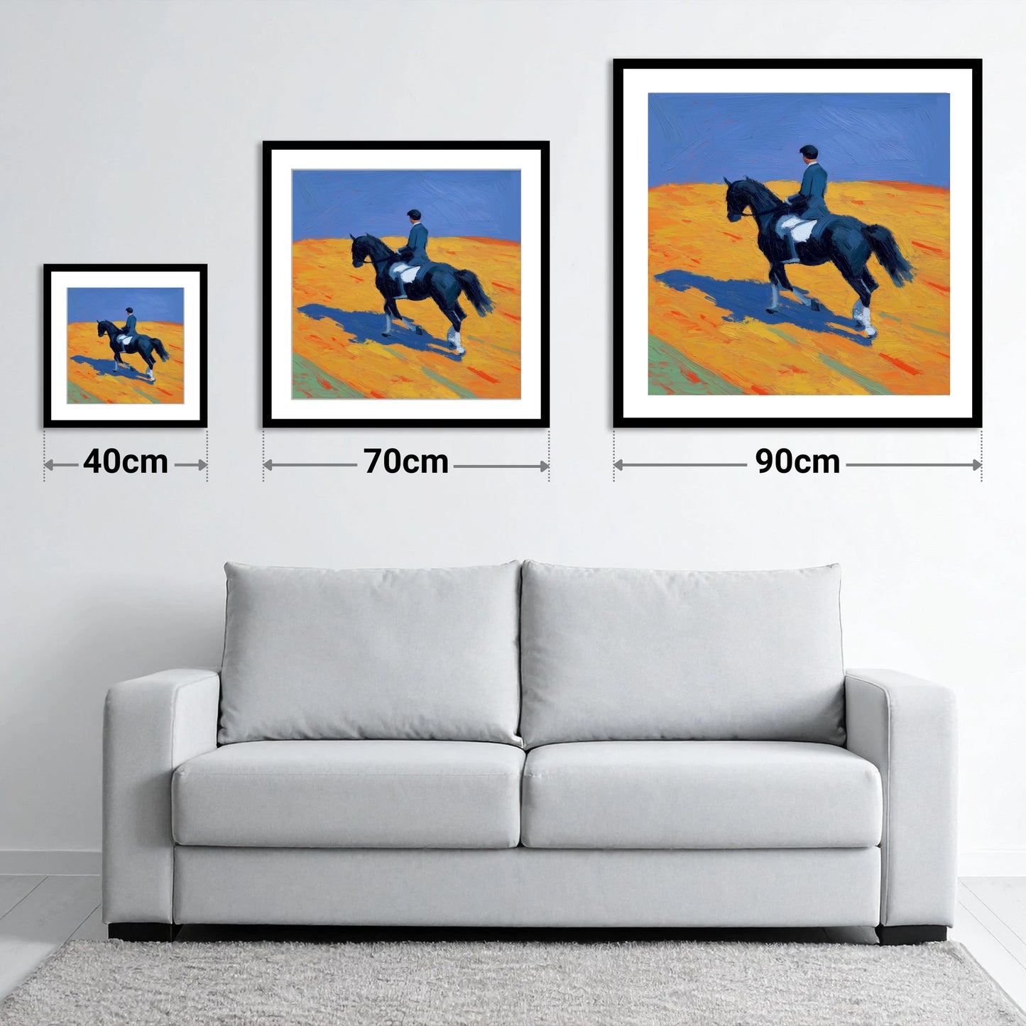 Vibrant Dressage Cadence - size guide showing 40cm, 70cm and 90cm art prints