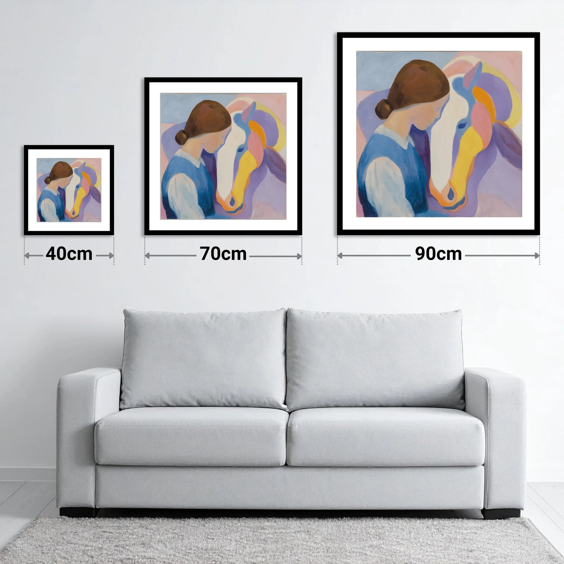 The Quiet Bond - size guide showing 40cm, 70cm and 90cm art prints