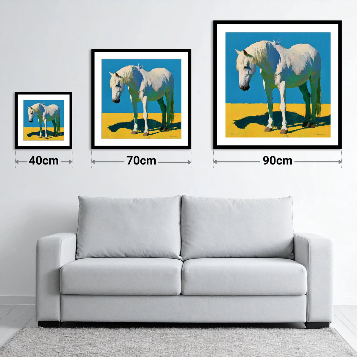 Sunlit Grey Horse Blue Sky - size guide showing 40cm, 70cm and 90cm art prints