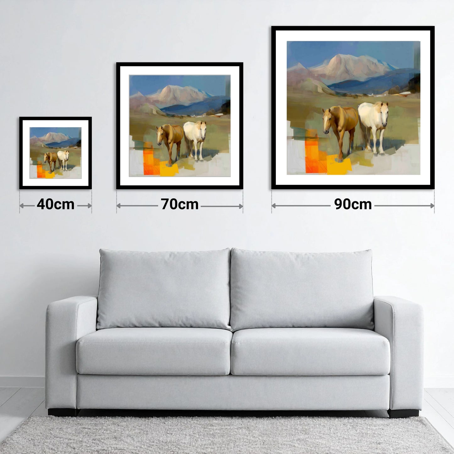 Abstract Alpine Companions - size guide showing 40cm, 70cm and 90cm art prints