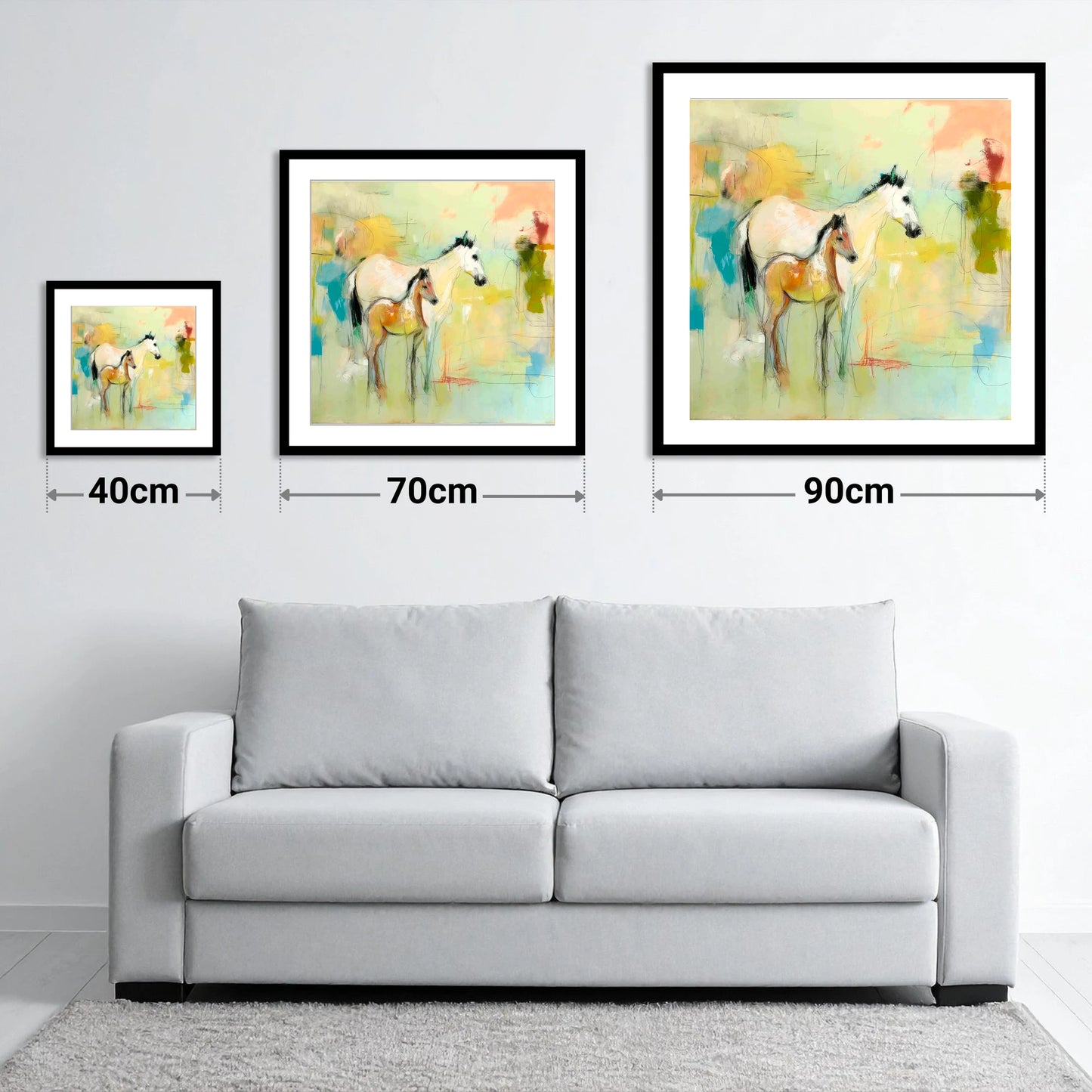 Ethereal Mare and Foal - size guide showing 40cm, 70cm and 90cm art prints