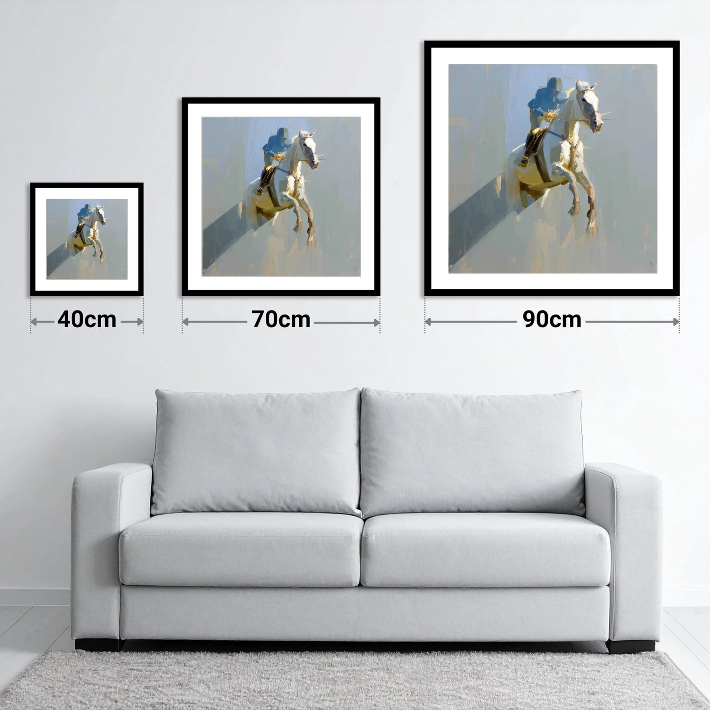 Suspended in Blue - size guide showing 40cm, 70cm and 90cm art prints