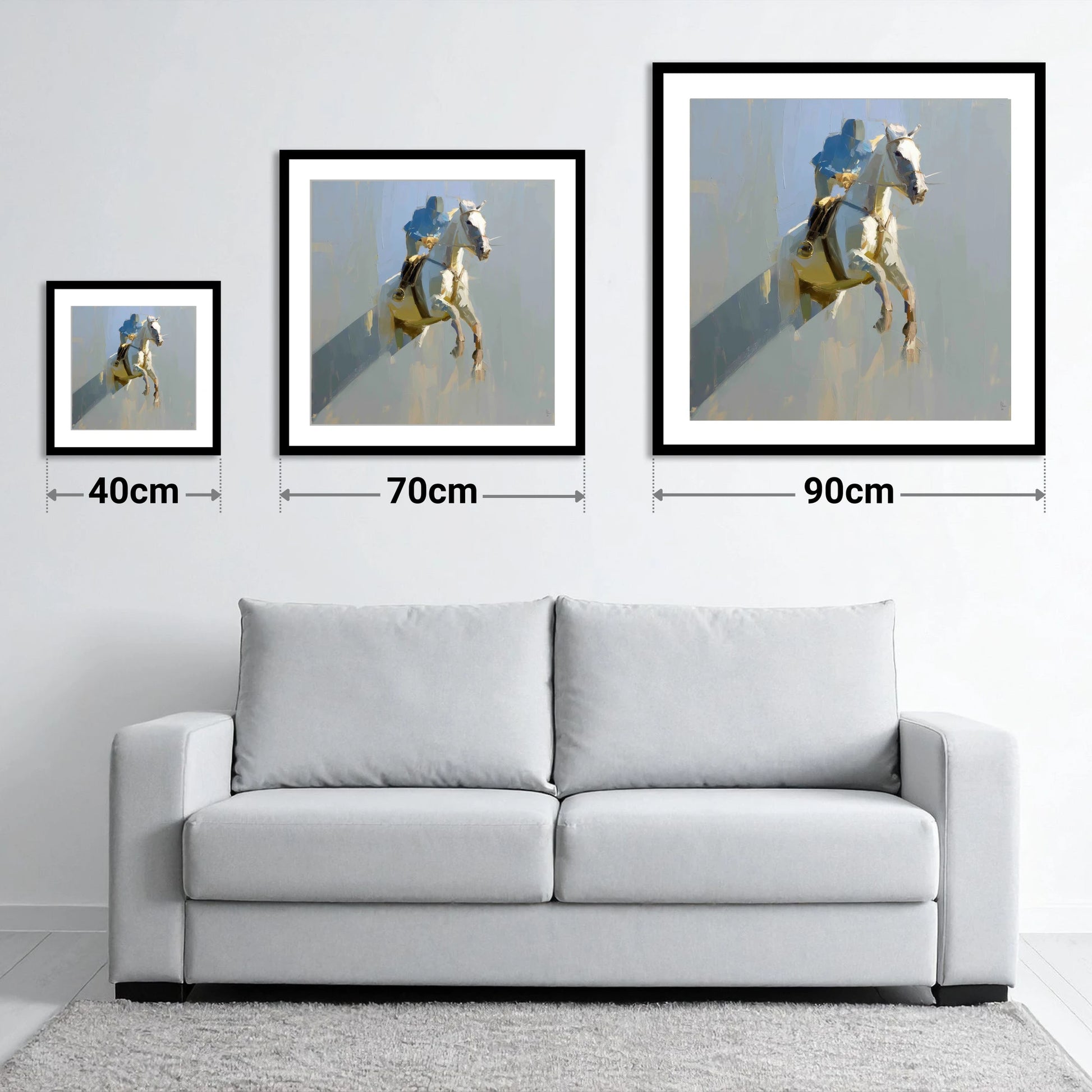 Suspended in Blue - size guide showing 40cm, 70cm and 90cm art prints