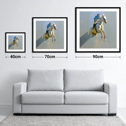 Suspended in Blue - size guide showing 40cm, 70cm and 90cm art prints