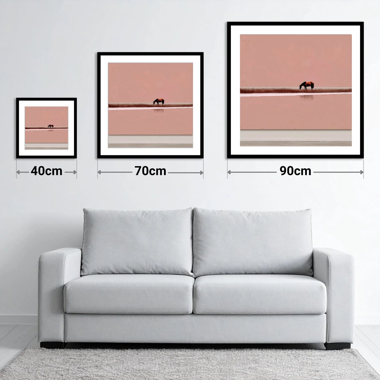 Dusky Rose Horizon - size guide showing 40cm, 70cm and 90cm art prints
