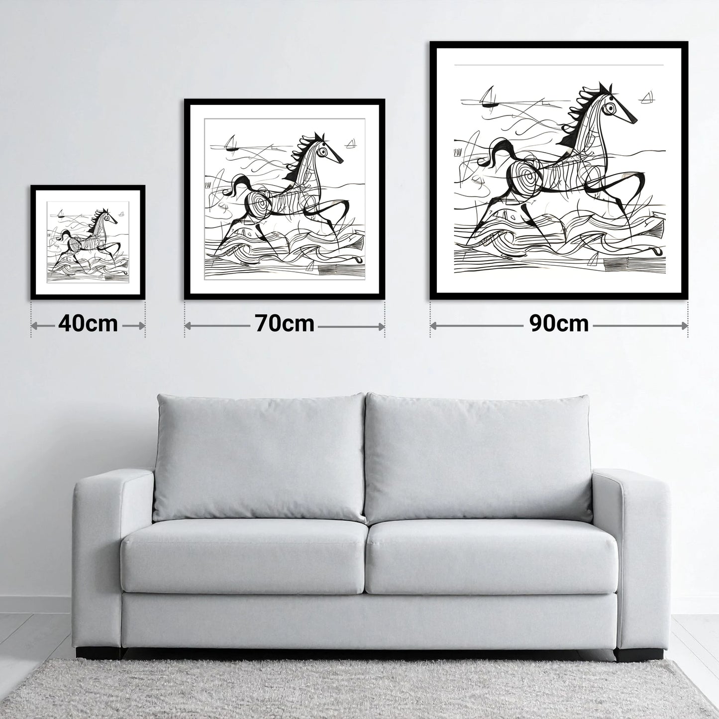 Structural Seaside Canter - size guide showing 40cm, 70cm and 90cm art prints