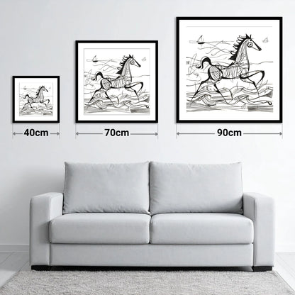 Structural Seaside Canter - size guide showing 40cm, 70cm and 90cm art prints