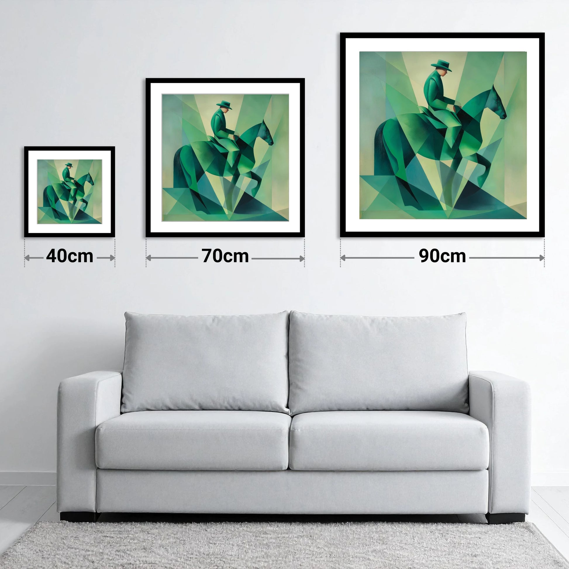 Faceted Emerald Stride - size guide showing 40cm, 70cm and 90cm art prints