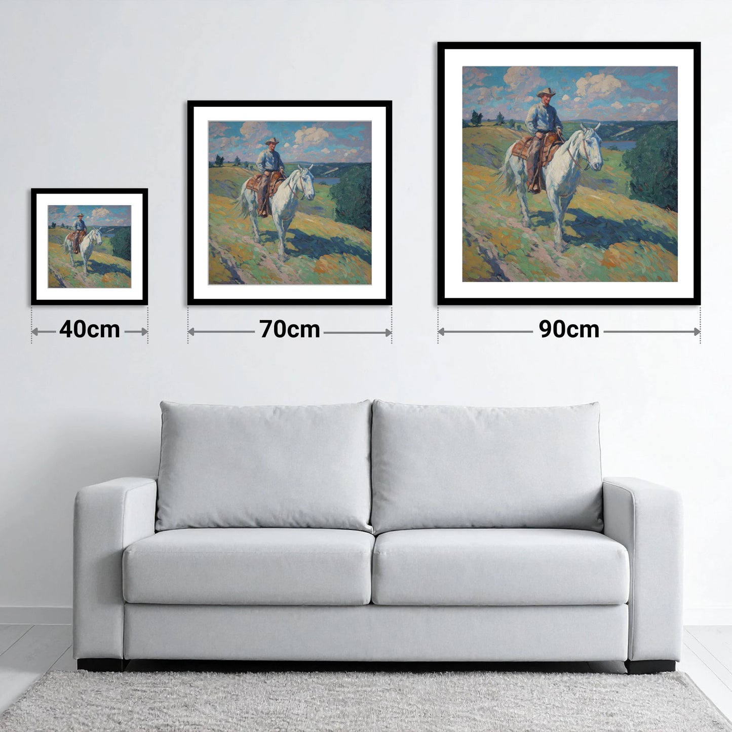 Riding the Ridge - size guide showing 40cm, 70cm and 90cm art prints