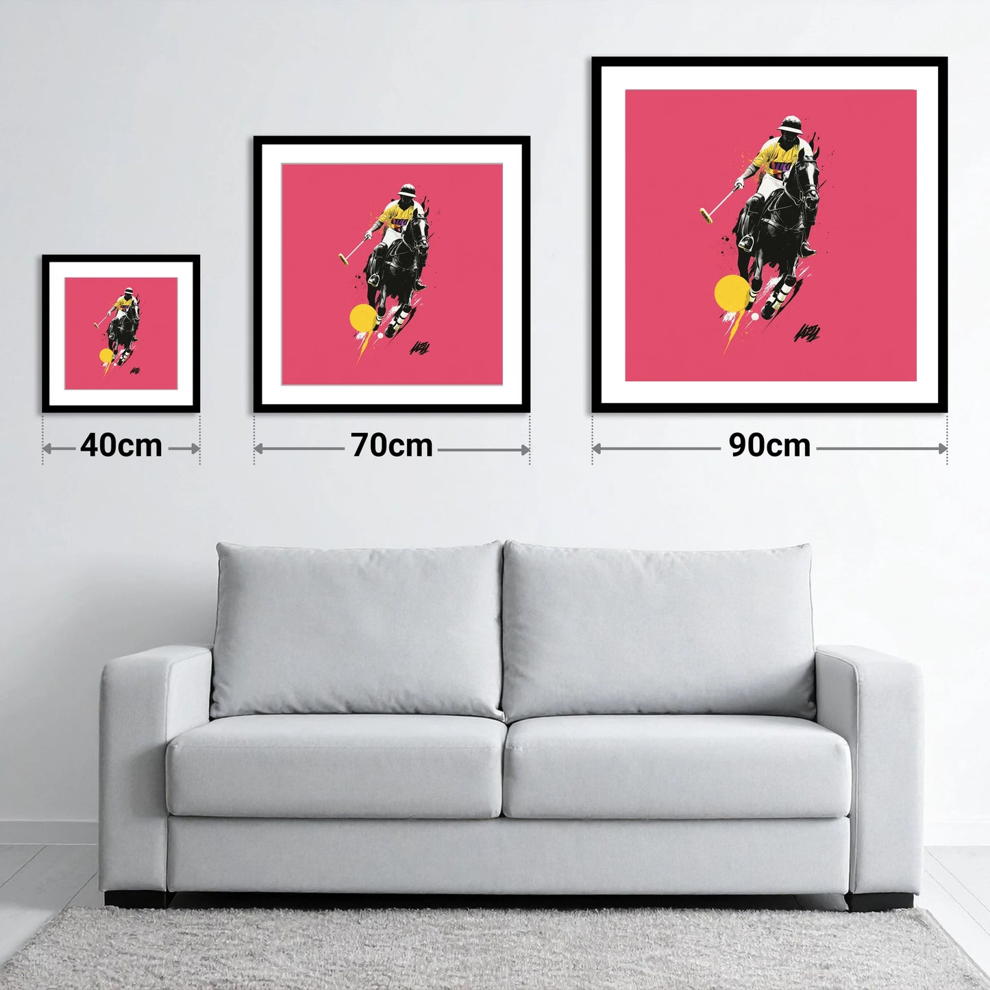 Magenta Chukka - size guide showing 40cm, 70cm and 90cm art prints