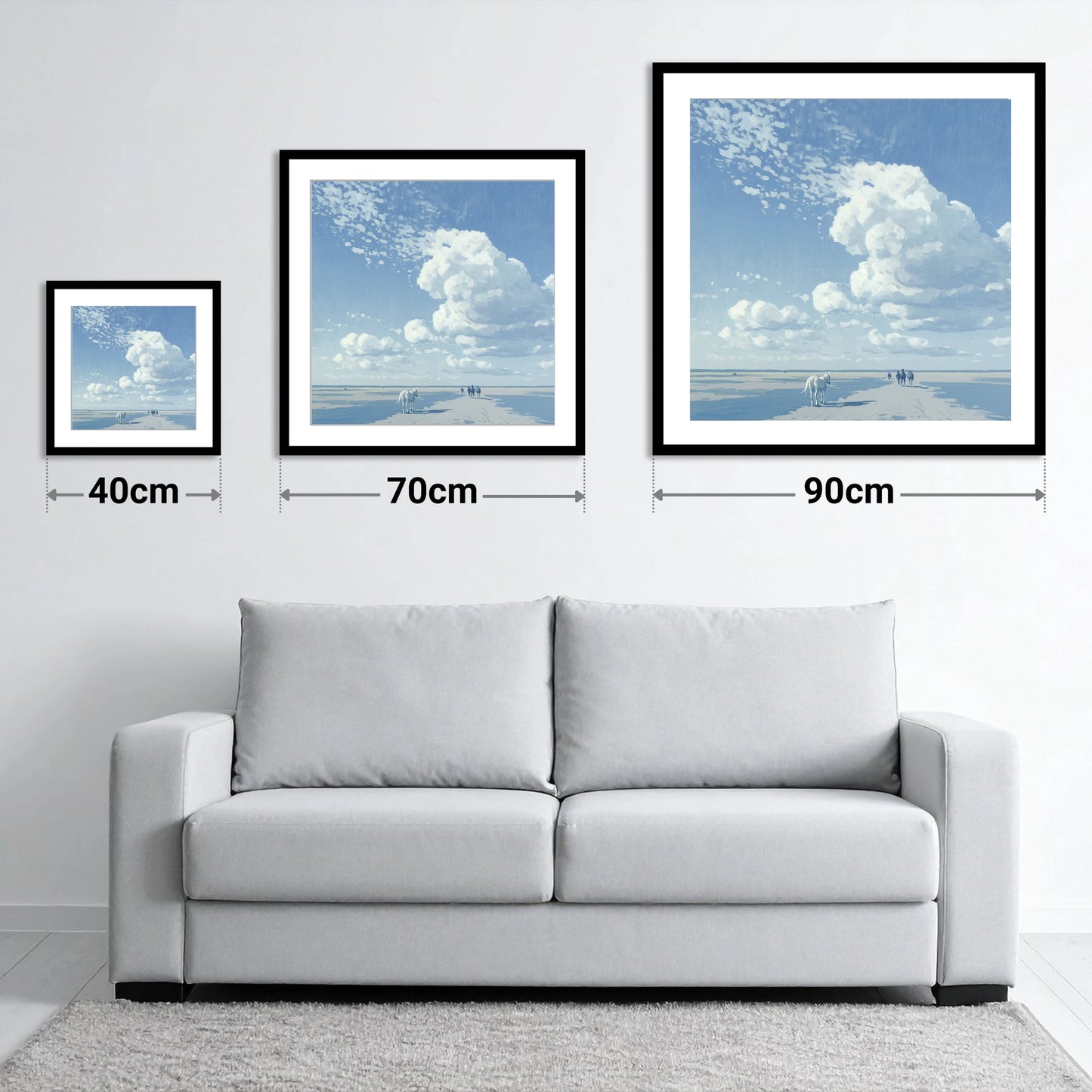 Beneath Endless Skies - size guide showing 40cm, 70cm and 90cm art prints