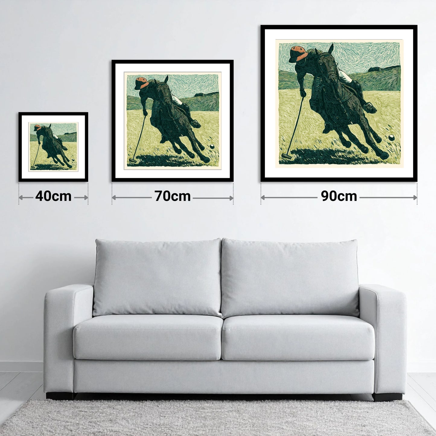 Dynamic Polo Strike - size guide showing 40cm, 70cm and 90cm art prints
