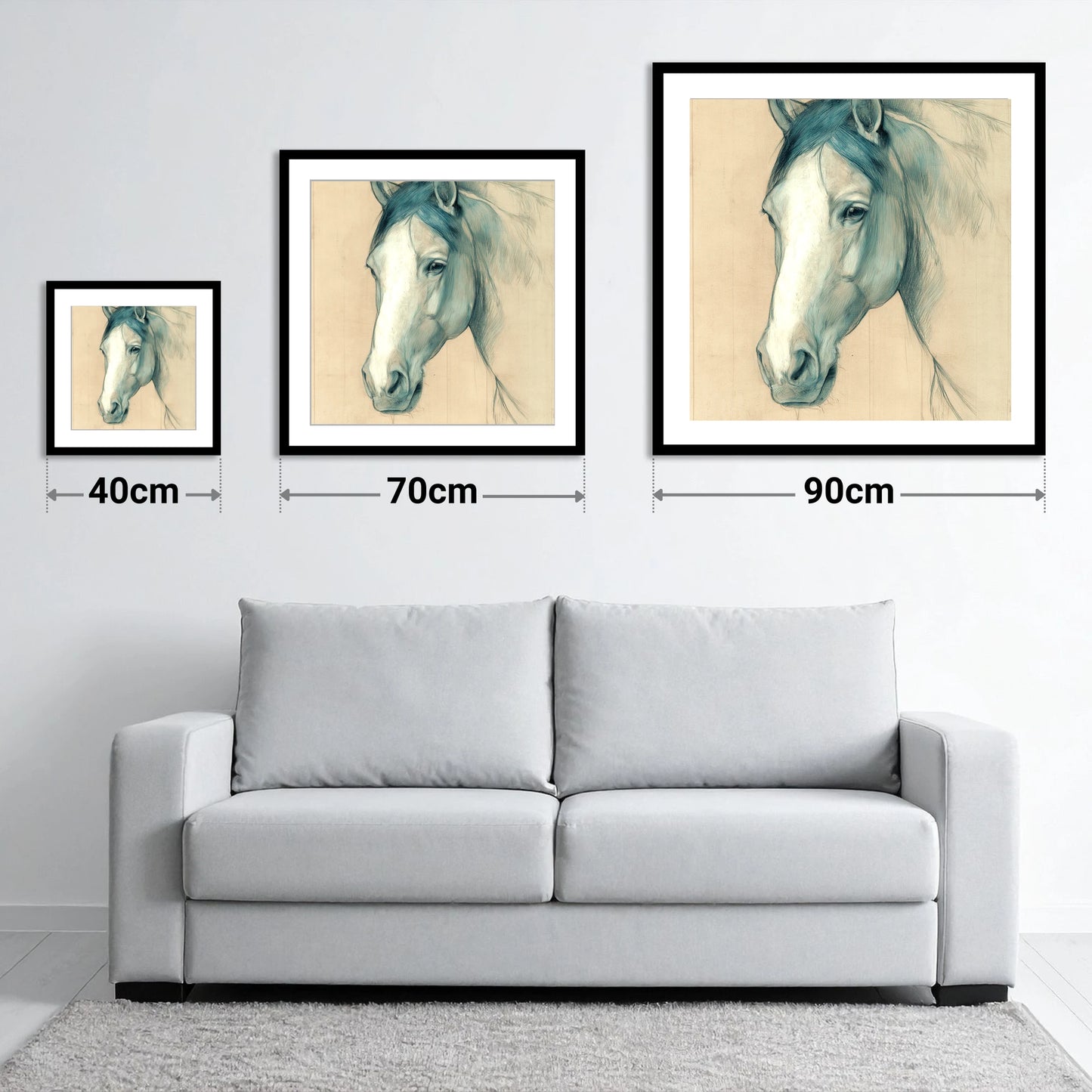 Azure Equine Study - size guide showing 40cm, 70cm and 90cm art prints