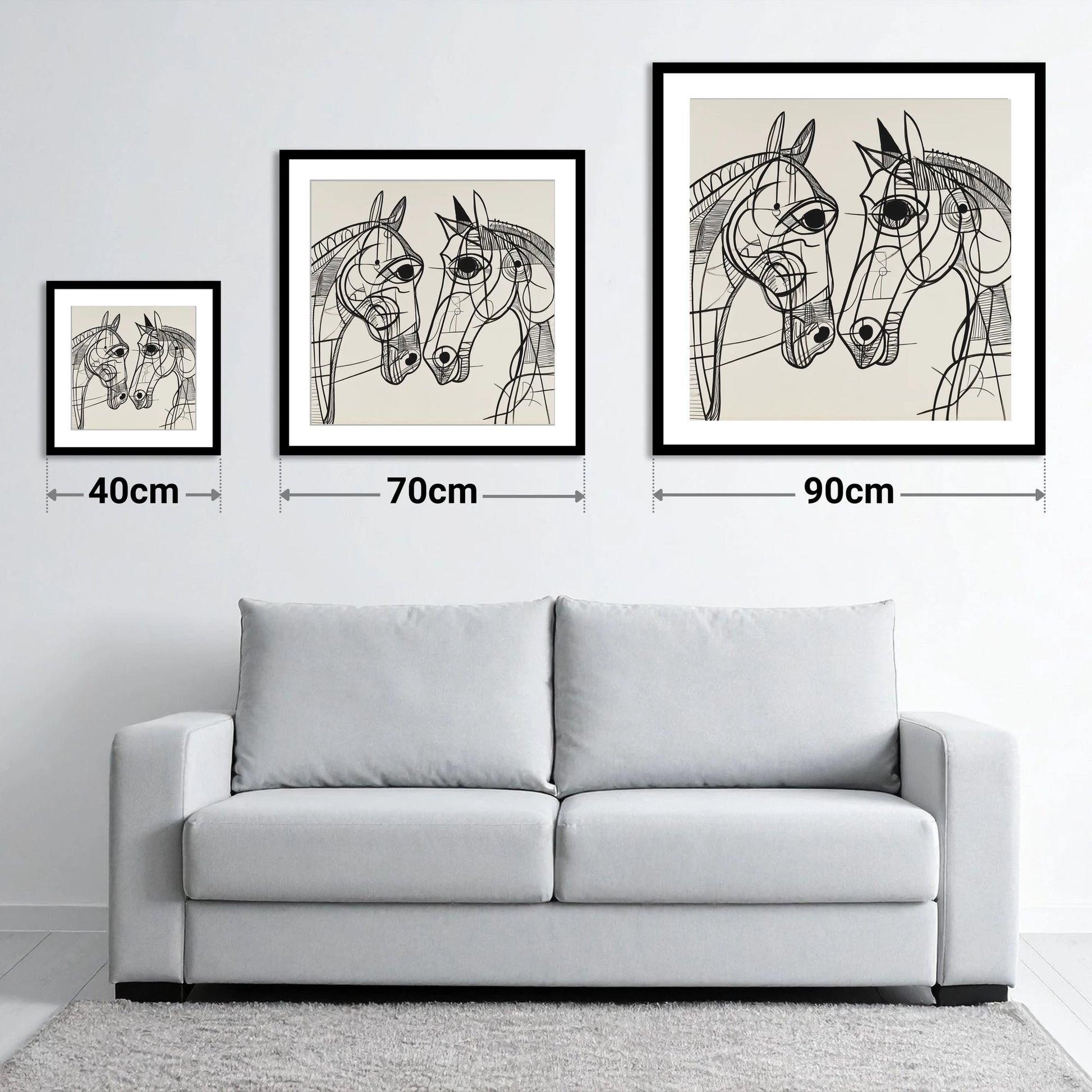 Structural Equine Bond - size guide showing 40cm, 70cm and 90cm art prints
