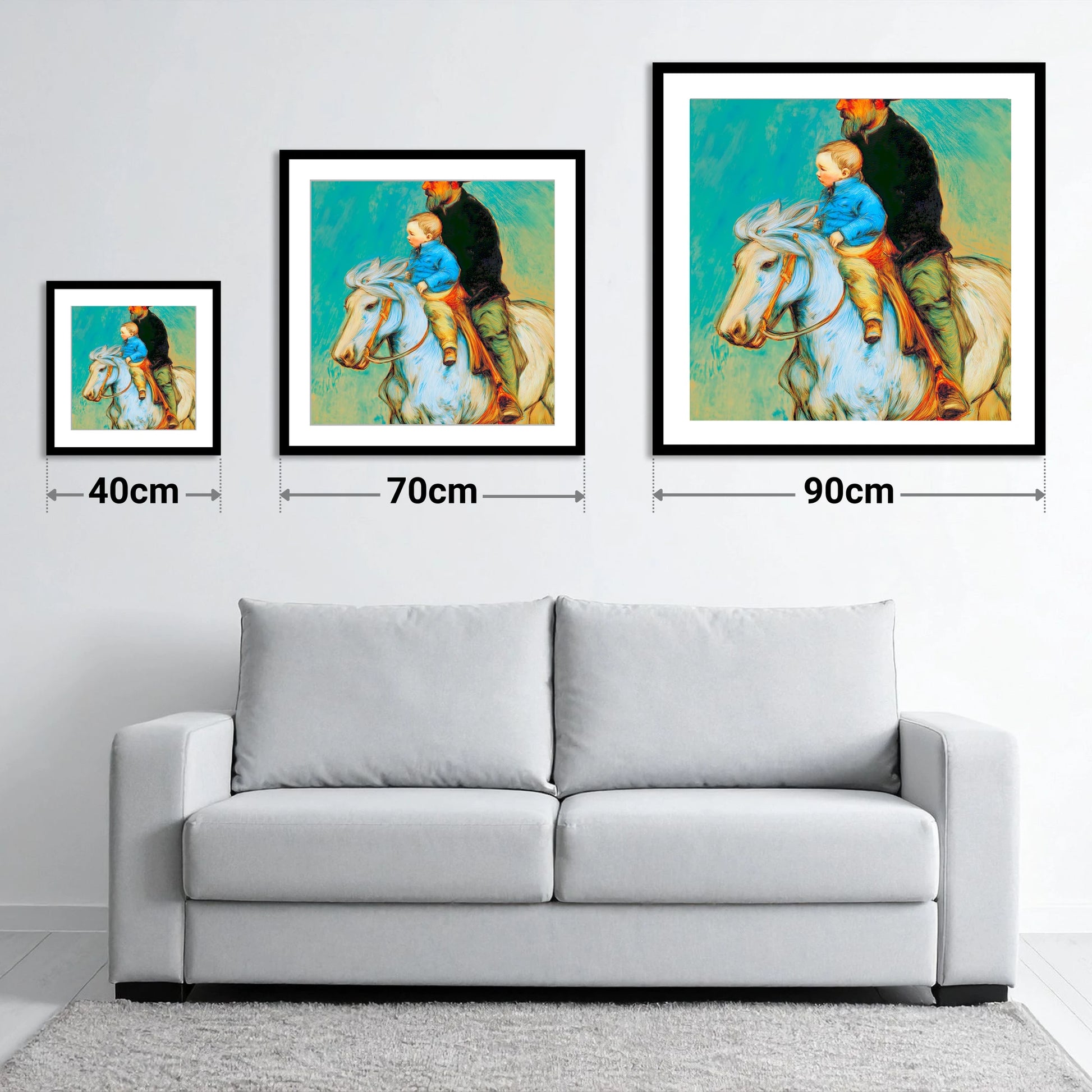 The Guiding Hand - size guide showing 40cm, 70cm and 90cm art prints