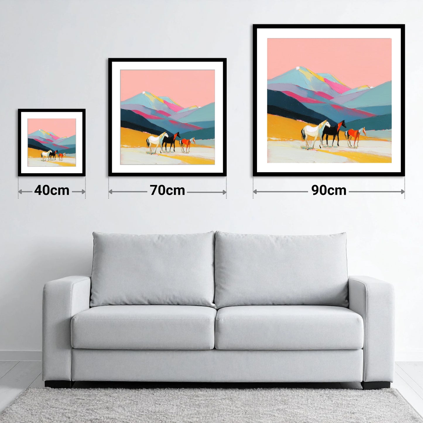 Vibrant Mountain Herd - size guide showing 40cm, 70cm and 90cm art prints