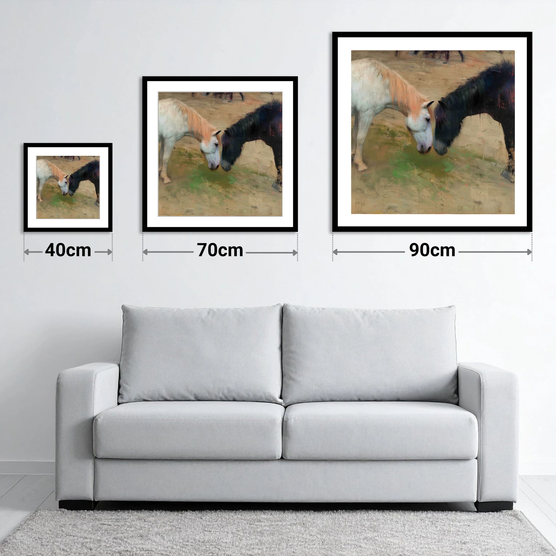 Gentle Connection - size guide showing 40cm, 70cm and 90cm art prints