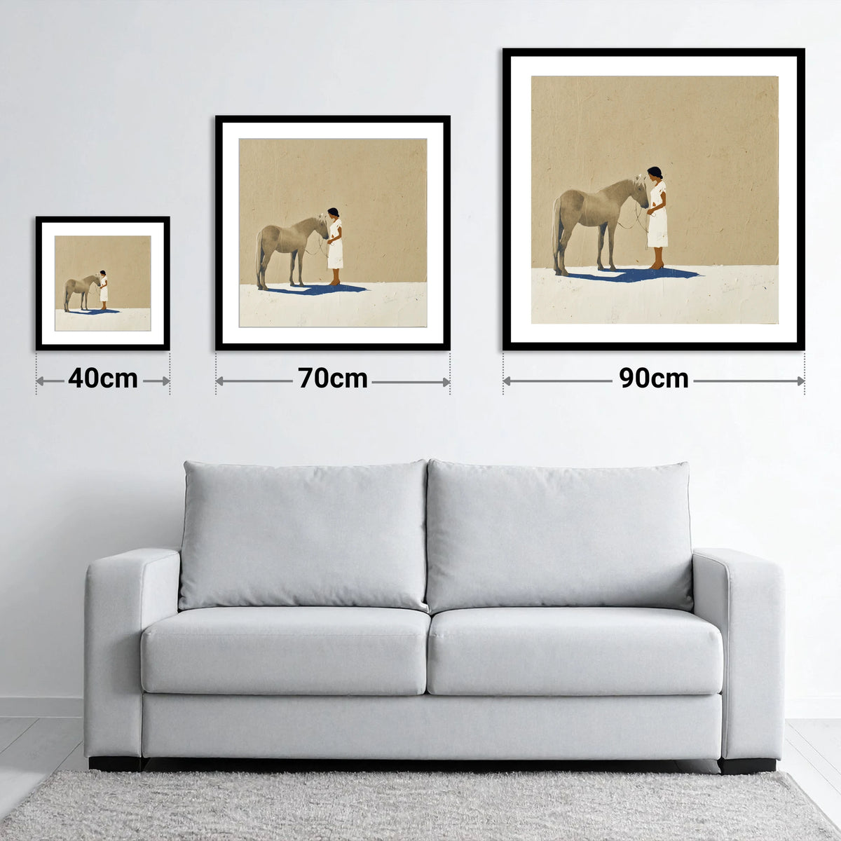 Grey Horse and Navy Shadow - size guide showing 40cm, 70cm and 90cm art prints