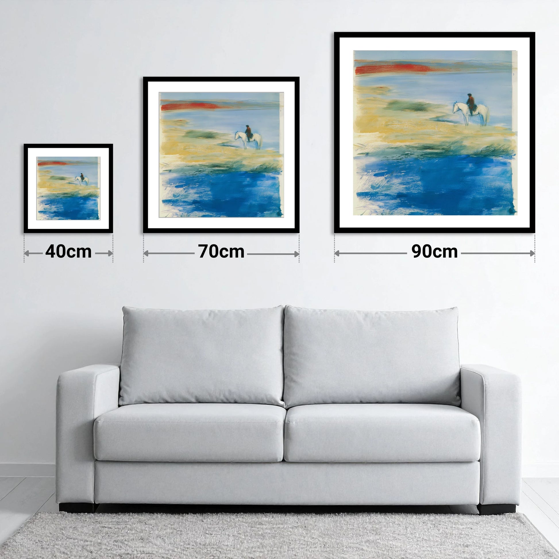 Coastal Solitude - size guide showing 40cm, 70cm and 90cm art prints