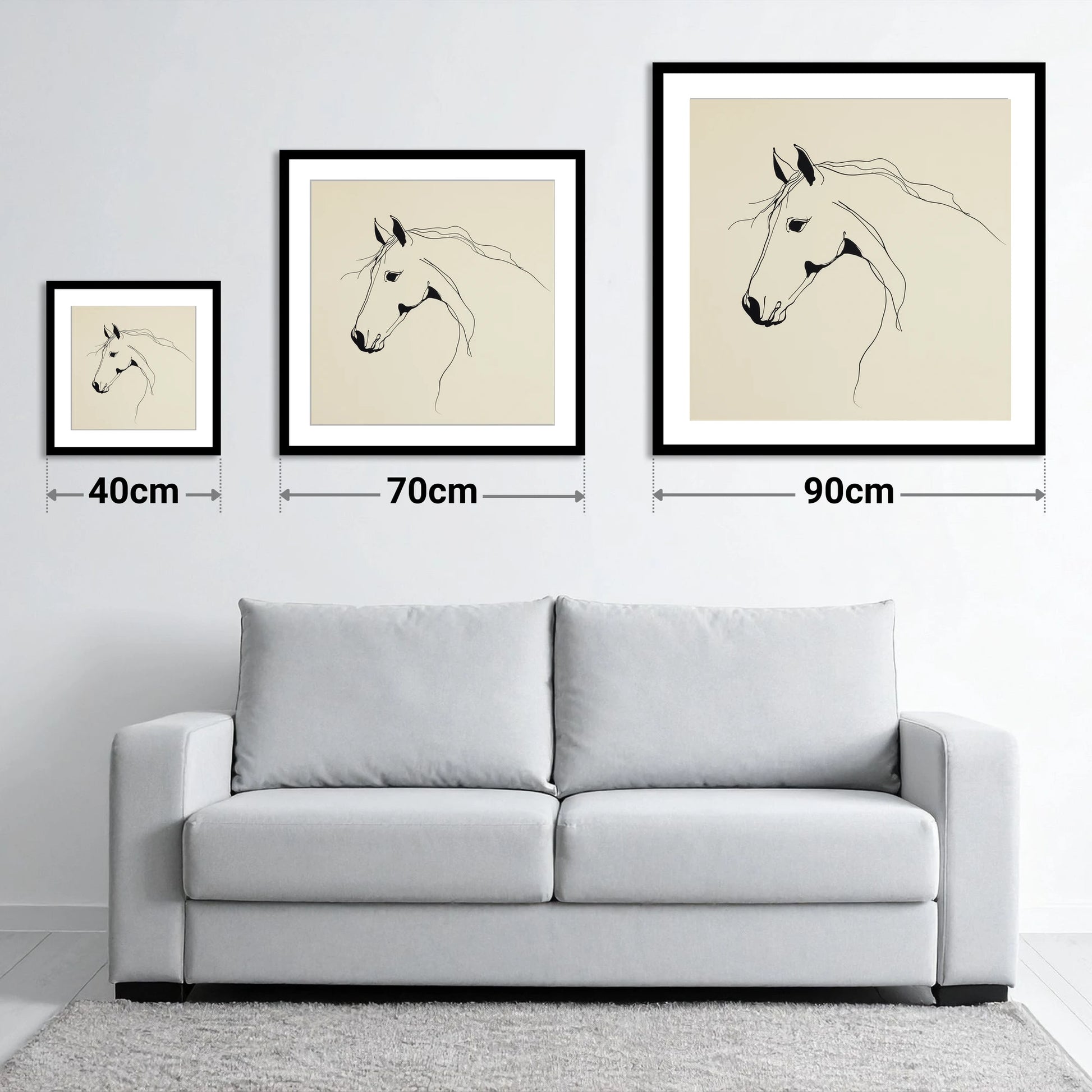 Elegant Equine Silhouette - size guide showing 40cm, 70cm and 90cm art prints