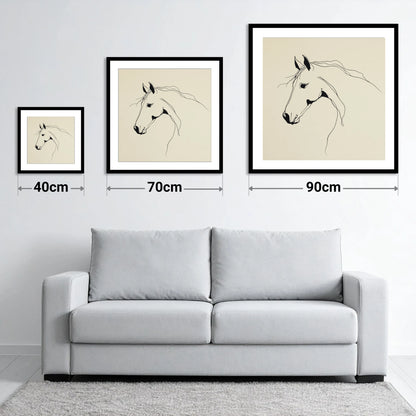 Elegant Equine Silhouette - size guide showing 40cm, 70cm and 90cm art prints