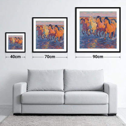 The Painted Tide - size guide showing 40cm, 70cm and 90cm art prints