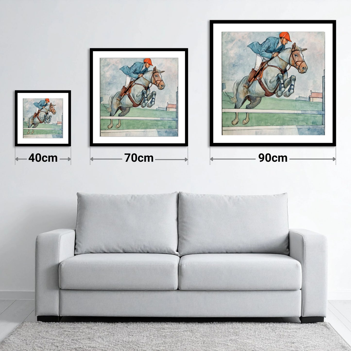 Clearing the White Rail - size guide showing 40cm, 70cm and 90cm art prints