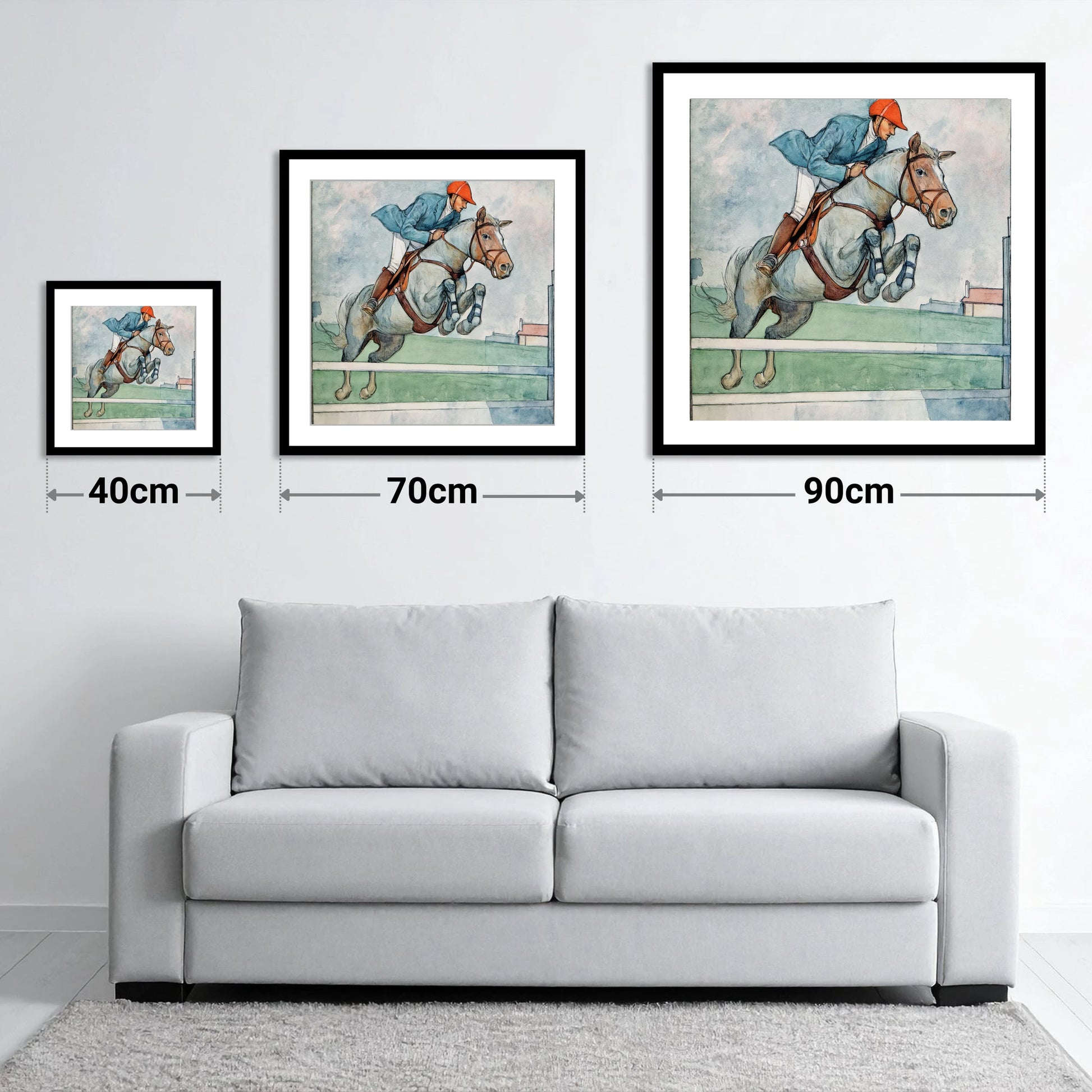 Clearing the White Rail - size guide showing 40cm, 70cm and 90cm art prints