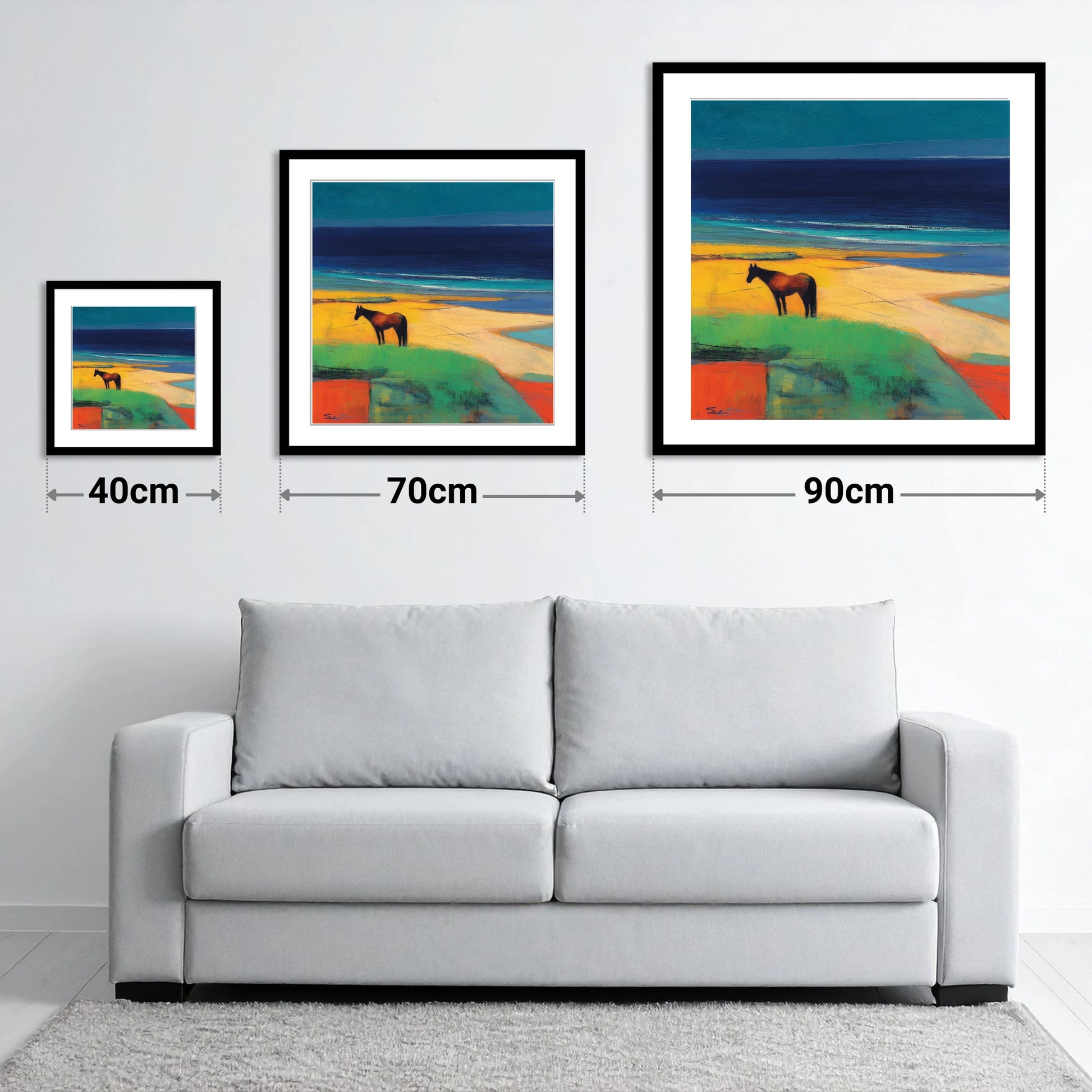 Vibrant Coastal Solitude - size guide showing 40cm, 70cm and 90cm art prints