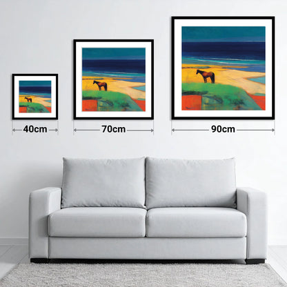 Vibrant Coastal Solitude - size guide showing 40cm, 70cm and 90cm art prints