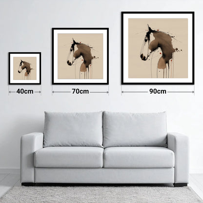 Fluid Sepia Equine Profile - size guide showing 40cm, 70cm and 90cm art prints