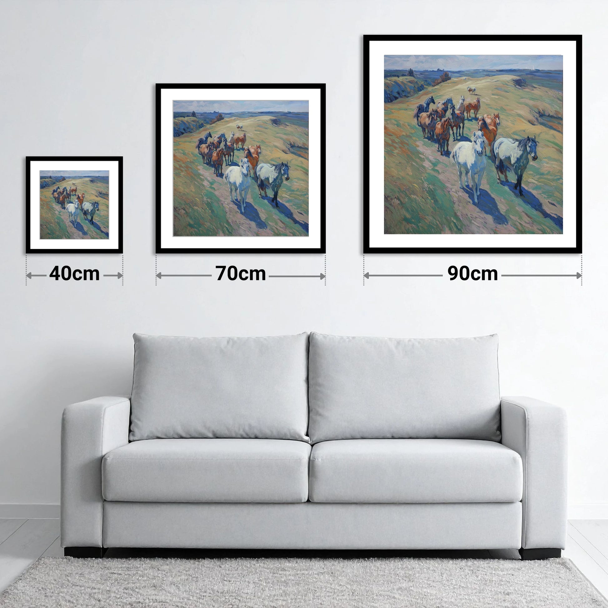 Over the Sunlit Rise - size guide showing 40cm, 70cm and 90cm art prints
