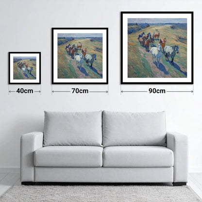 Over the Sunlit Rise - size guide showing 40cm, 70cm and 90cm art prints