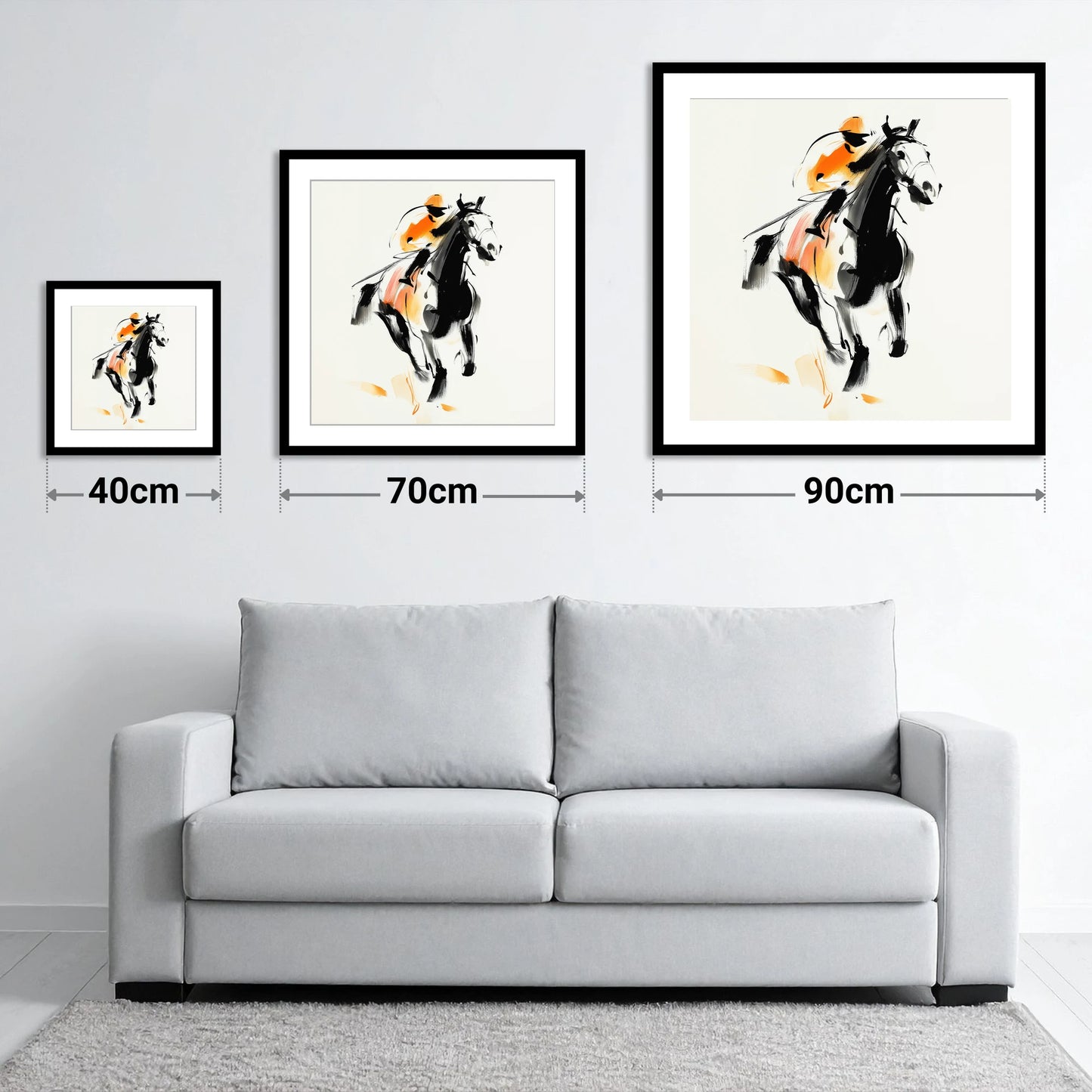 The Amber Sprint - size guide showing 40cm, 70cm and 90cm art prints