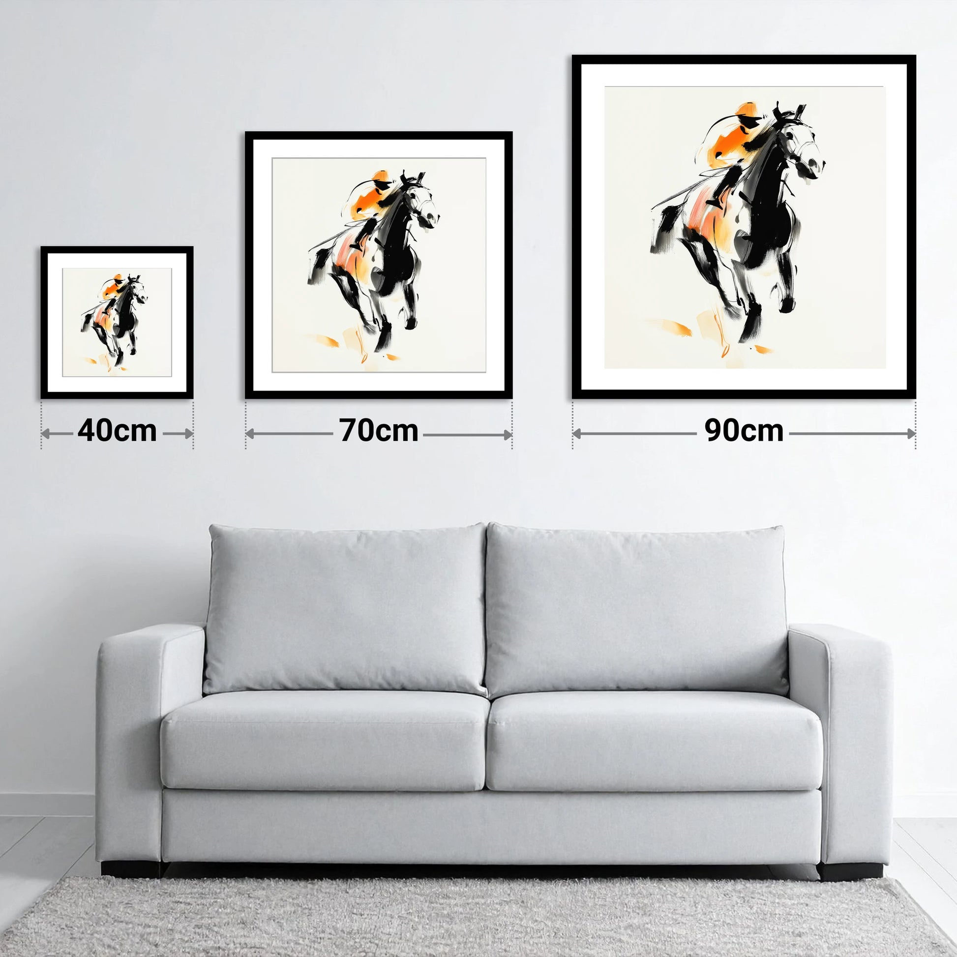 The Amber Sprint - size guide showing 40cm, 70cm and 90cm art prints