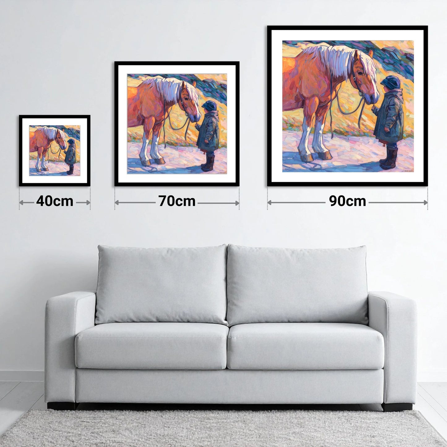 A Gentle Exchange - size guide showing 40cm, 70cm and 90cm art prints
