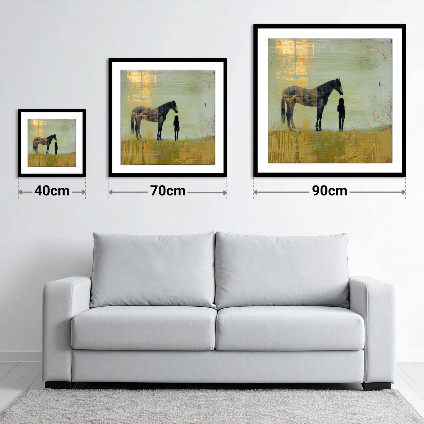 Gilded Connection - size guide showing 40cm, 70cm and 90cm art prints