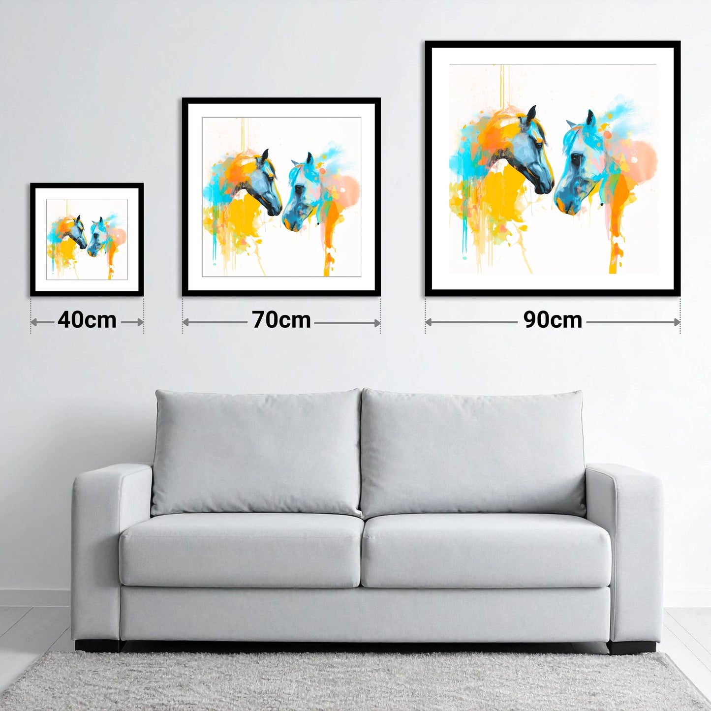 Spirited Bond - size guide showing 40cm, 70cm and 90cm art prints