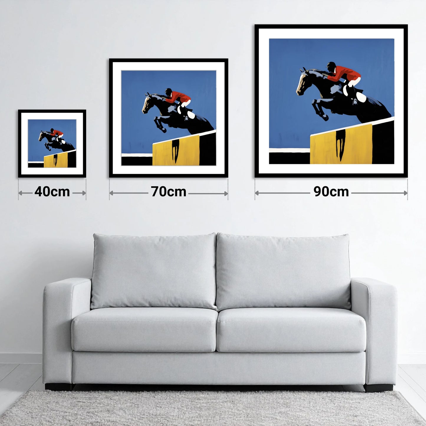 Suspended in Blue - size guide showing 40cm, 70cm and 90cm art prints