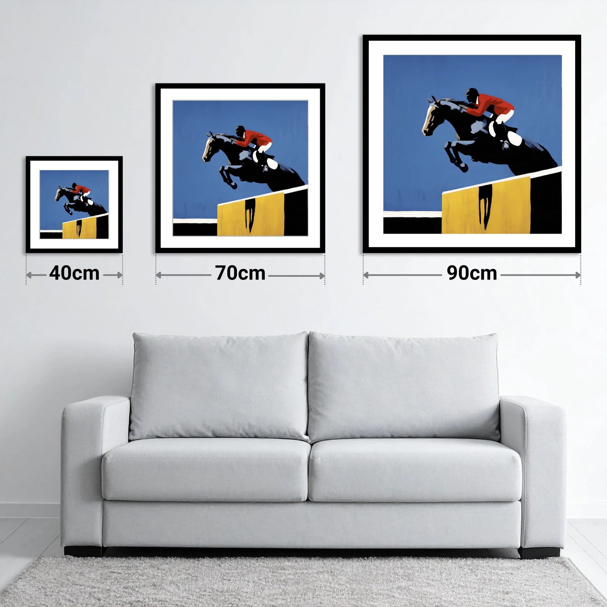 Suspended in Blue - size guide showing 40cm, 70cm and 90cm art prints