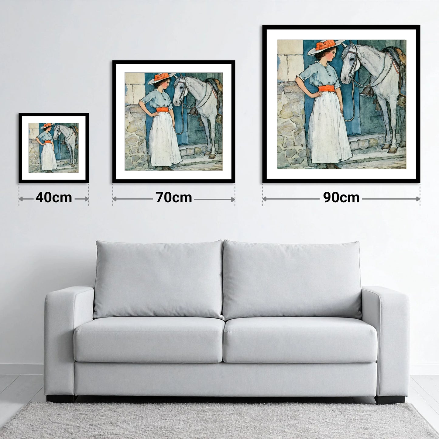 A Patient Companion - size guide showing 40cm, 70cm and 90cm art prints