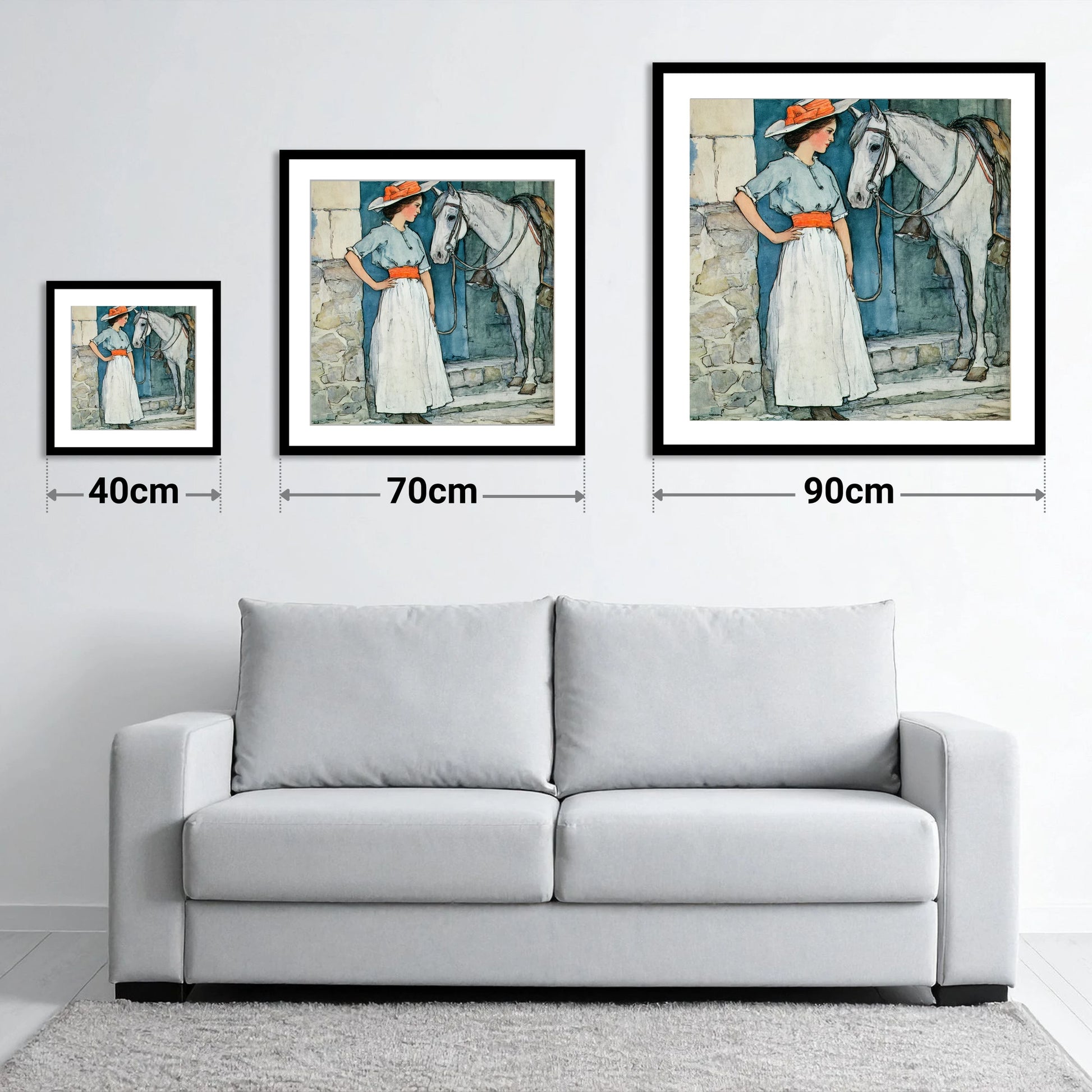 A Patient Companion - size guide showing 40cm, 70cm and 90cm art prints