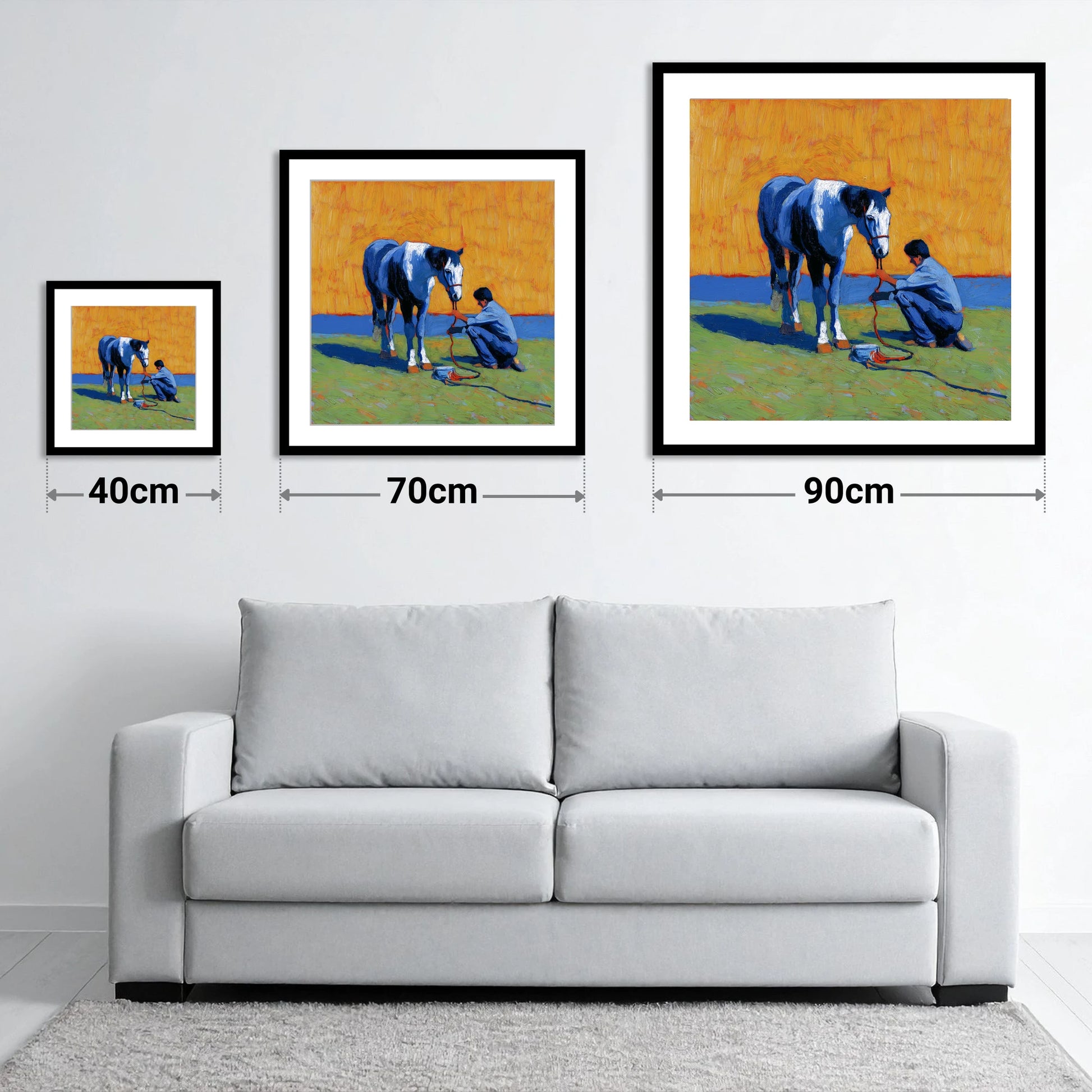 Sun-Drenched Connection - size guide showing 40cm, 70cm and 90cm art prints